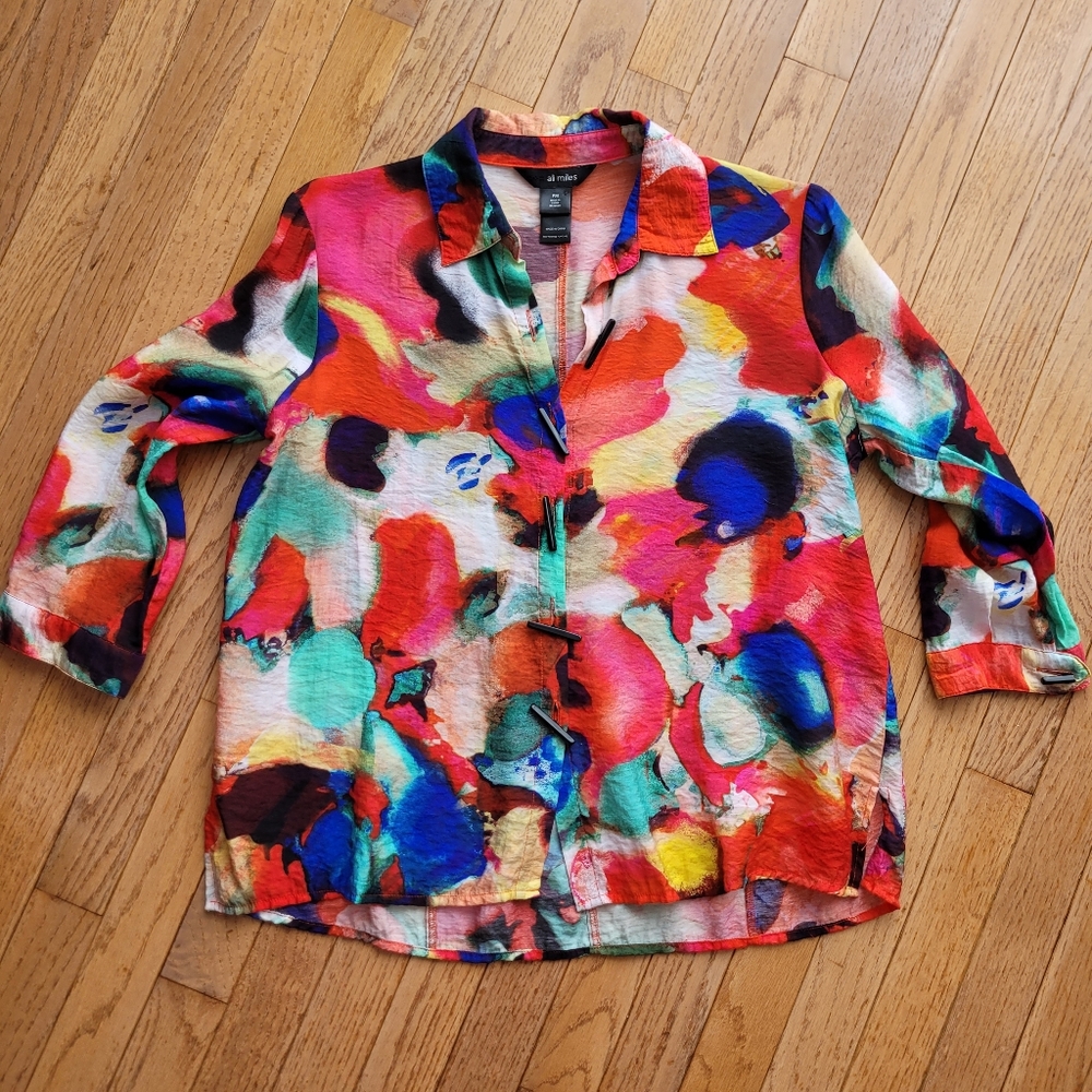 Ali Miles Woman’s Blouse 3/4 Sleeves Abstract Print Button Front PM